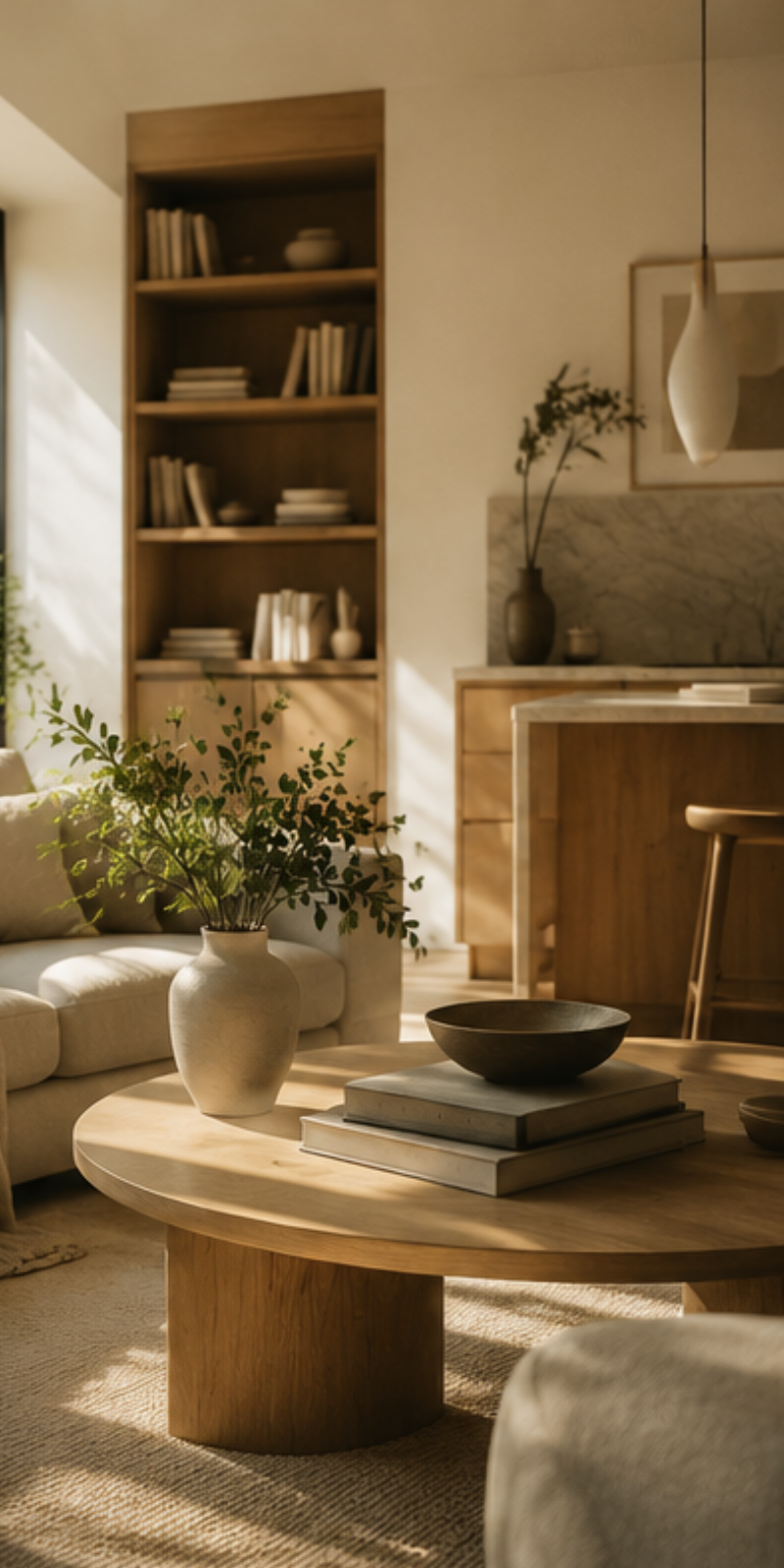 A warm, finished living room in soft afternoon light