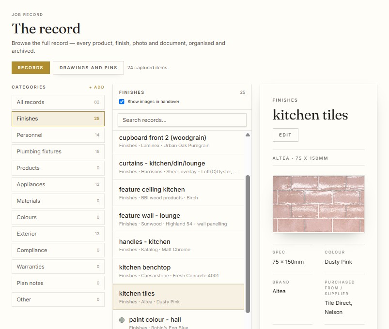 A Kept property record showing kitchen tiles with photo, colour and supplier details