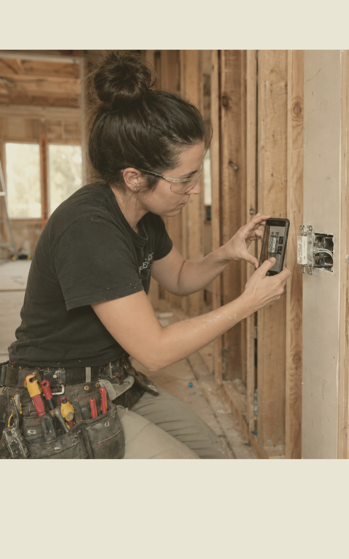 An electrician photographing wiring inside a timber-framed wall on site